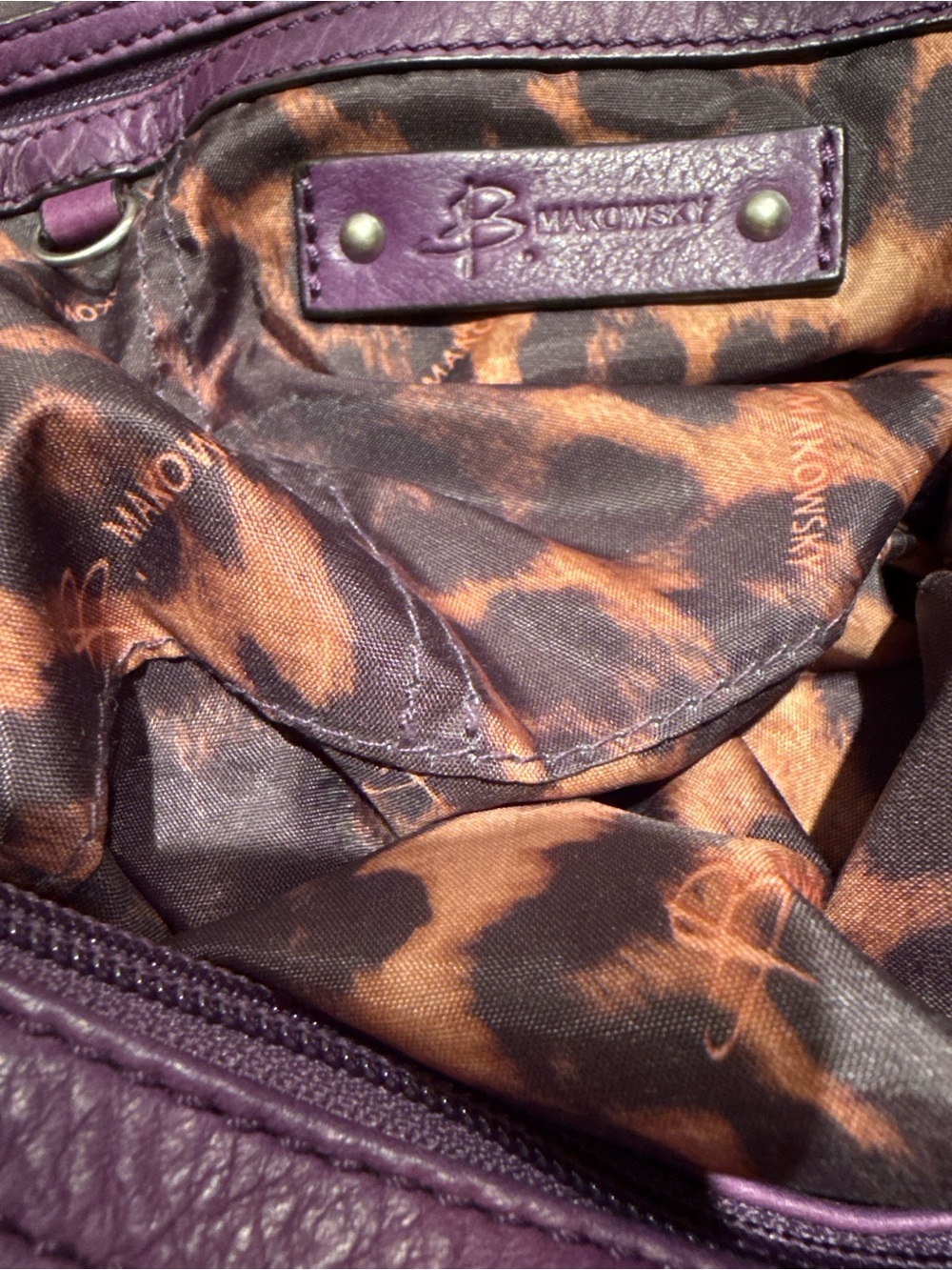 B. Makowsky Purple Pebbled Leather Hobo Bag Leopard Print Lining Y2K - Picture 3 of 9